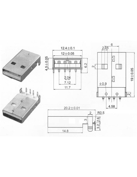 Pack de 3 CONECTOR USB SMD TIPO A
