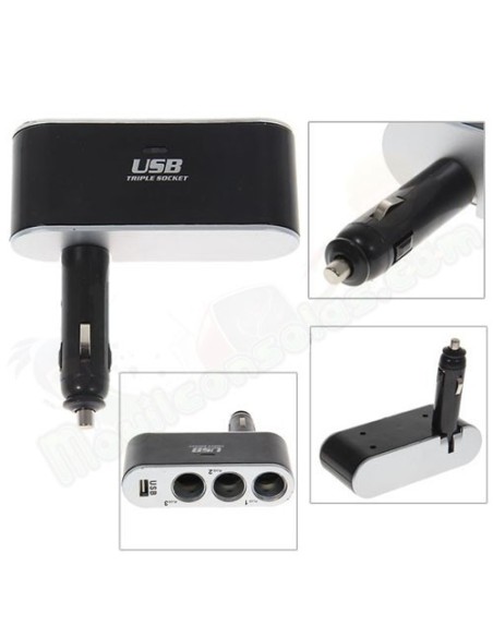 BASE CARGA MECHERO COCHE 3 TOMAS Y USB